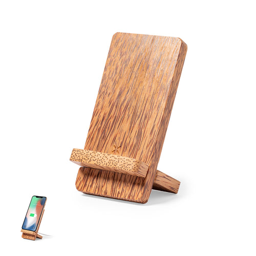 Chargeur sans fil 15W nature line avec fonction de support smartphone et fabriqué en noix de coco - Grodin Personnalise