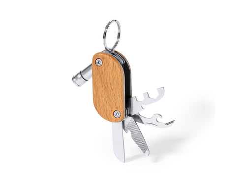 Praktischer Multi-Tool-Schlüsselanhänger aus robustem Edelstahl und Holz - Polty Personalisiert