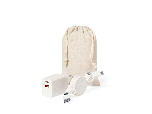 Set de chargeur mural USB avec charge rapide et câble de charge avec transfert de données, en fibre de blé - Pylot Personnalise