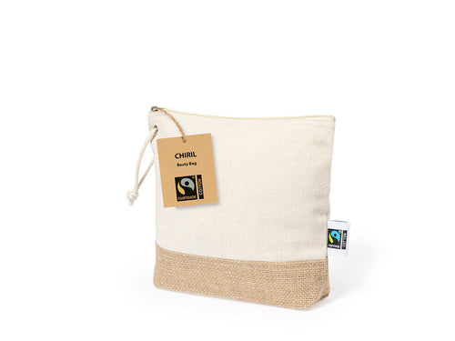 Natur Linie Kosmetiktasche aus Baumwolle und laminierter Jute, Hauptfach mit Reißverschluss und Metallschieber, Boden in natürlichem Juteton und Oberseite in natürlicher Baumwollfarbe - Chiril Fairtrade Personalisiert