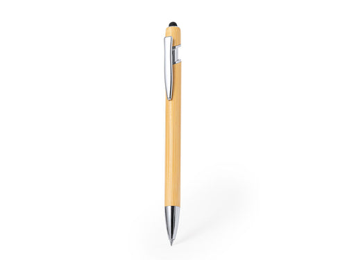 Stylo pointeur à bouton-poussoir, avec corps en bambou, accessoires chromés et pointeur noir - Clixo Personnalise