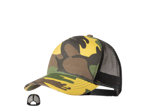 5-Panel-Mütze aus RPET-Polyester mit Gitter und verstellbarem Kunststoffverschluss in Camouflage oder Militärgrün - Pamper Personalisiert