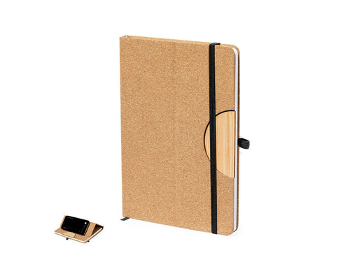 Notebook mit Hardcover aus Kork und mit vielseitiger Smartphone- und Tablet-Halterung im Vorderdeckel integriert - Drizax Personalisiert