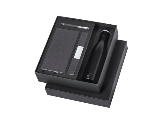 Elegantes Premium-Set, bestehend aus: Doppelwandige Thermoskanne aus recyceltem Edelstahl mit mattschwarzer Oberfläche und 500 ml Fassungsvermögen, mit stabilem, matt-silbernem Metallgriff - Datiford Personalisiert