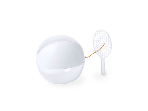Gonfiabili Skippy Personalizzato - Divertente set composto da racchetta e pallina con valvola di gonfiaggio in una combinazione di bianco e semitrasparente, uniti da un elastico