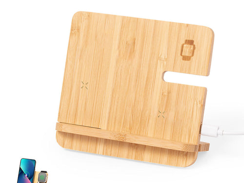 Multicharge sans fil 15W complet avec prise en charge des gadgets, fabriqué en bambou - Hamsy Personnalise