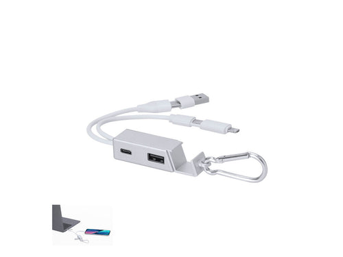 Chargeur USB avec hub en aluminium recyclé avec support pour smartphone intégré - Leony Personnalise