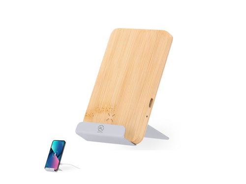 Chargeur sans fil 15W avec fonction support pour smartphone, fabriqué en bambou et aluminium recyclé - Dimitry Personnalise
