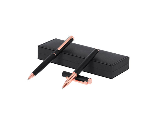 Set Da Scrittura Blexa Personalizzato - Set di penne distintivo con penna a sfera e roller, entrambe progettate con corpi eleganti in alluminio nero opaco e elementi decorativi in oro rosa