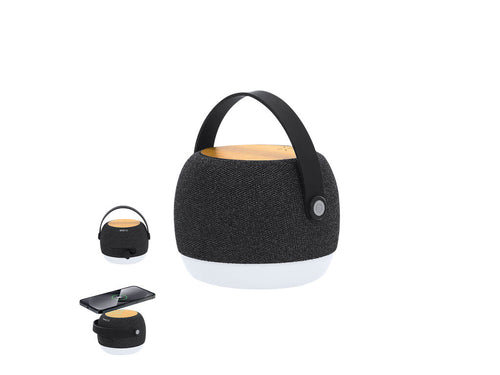 Enceinte Bluetooth® avec chargeur et charge sans fil 15W, fabriquée en RPET et bambou - Sprit Personnalise