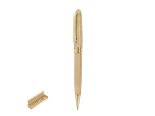 Eleganter Kugelschreiber aus einer Kombination von natürlichem Bambus und metallischen Elementen mit goldenem Finish, mit Drehemechanismus und blauer Tinte - Holan Personalisiert
