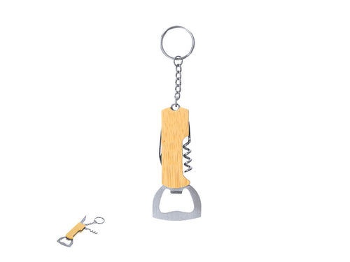 Portachiavi Jilar Personalizzato - Portachiavi apribottiglie realizzato in bambù e acciaio inox, con apribottiglie e cavatappi, include lama e anello di metallo per chiavi