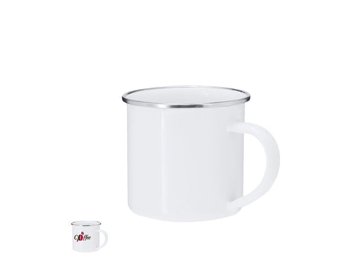 Metalltasse mit einem Fassungsvermögen von 200 ml im Vintage-Design und glänzend weißem Finish mit eleganten chromierten Details am Rand - Deriox Personalisiert