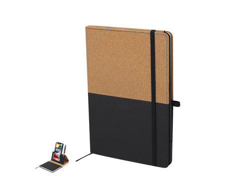 Notizblockstütze mit festem Cover, aus recyceltem PU und Kork gefertigt, mit praktischem magnetischen Halter für mobile Geräte aus Kork - Suttony Personalisiert