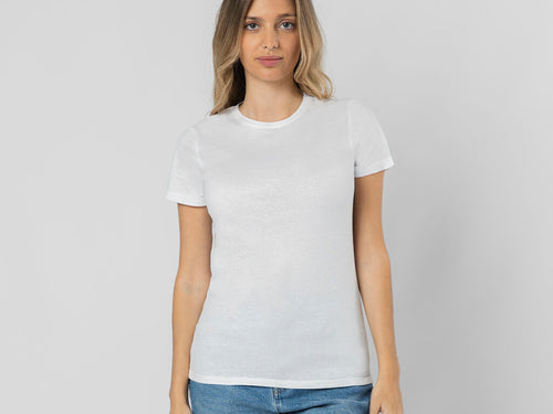 Kurzärmeliges T-Shirt mit femininem Schnitt, gefertigt aus weichem, 100% Baumwoll-Plain-Strick mit 150 g/m² - Epika Personalisiert