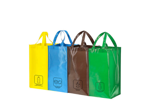 Set aus 4 gelb-grün-blau-braunen Recyclingbeuteln aus widerstandsfähigem, nicht gewoben Laminat von 125 g/m² mit glänzender Oberfläche - Kunar Personalisiert