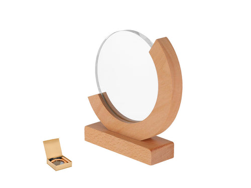 Trophäenplatte aus dickem Glas mit elegantem rundem Design und Holzsockel - Xiflex Personalisiert