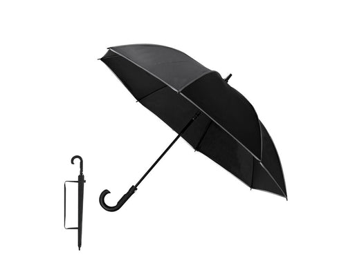 Winddichter Regenschirm aus 8-Panel-RPET 190T mit einem eleganten schwarzen Design und reflektierenden Leisten - Savilar Personalisiert
