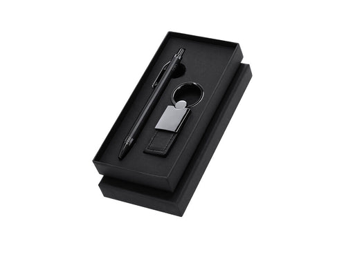 Set Da Scrittura Tobyan Personalizzato - Elegante set premium che include: Penna in alluminio riciclato con finitura nera opaca, meccanismo a pulsante e inchiostro blu
