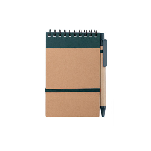 Carnet d’anneaux en carton recyclé bicolore résistant avec couvercles souples, élastique de fixation sur la couverture et stylo en carton recyclé assorti - Ecocard Personnalise