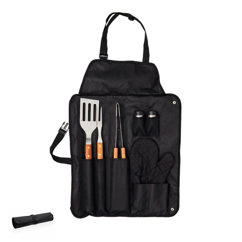 7-teiliges Grill-Set mit Wender, Fleischgabel und Zange aus Edelstahl mit Holzgriff sowie gepolsterten Handschuhen und Salz- und Pfefferstreuer - North Personalisiert
