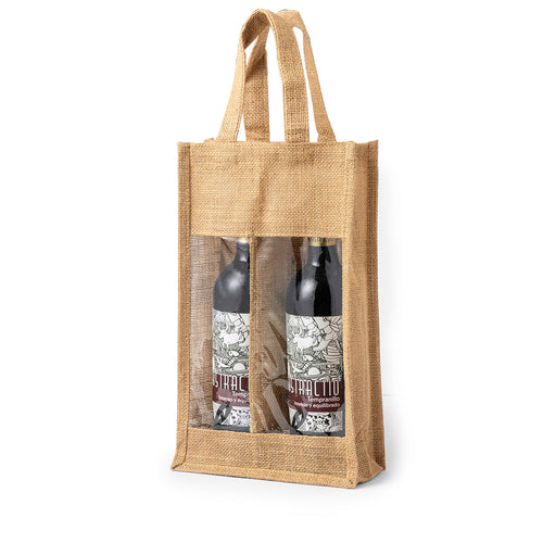 Sac résistant en toile de jute laminée avec compartiment individuel pour 2 bouteilles de vin de 75cl - Koop Personnalise