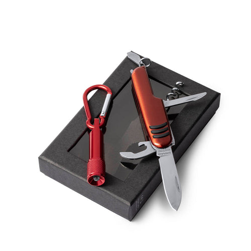 Set aus Multifunktions-Taschenmesser mit 7 Funktionen sowie Taschenlampe mit Karabiner - mit Aluminiumgehäuse in verschiedenen Präsentiert in einer individuellen Box mit Fenster, ausgepolstert mit Schaum - Sufli...