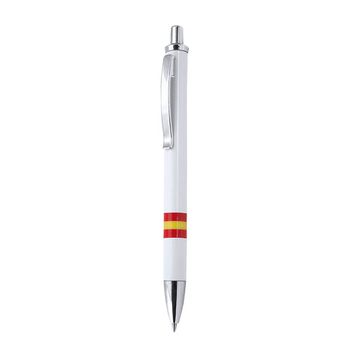 Stylo à mécanisme poussoir, élégant design bicolore avec accessoires en couleur argentée brillante et corps doux finition blanc brillant avec drapeau national espagnol - Horten Personnalise