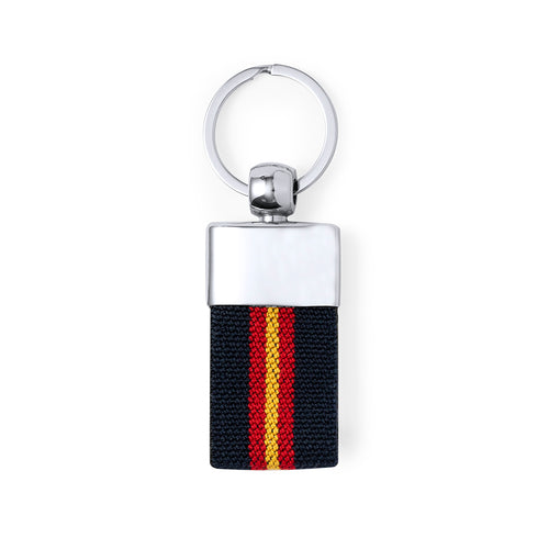 Polyester-Schlüsselanhänger mit spanischer Flagge auf dem Band sowie Metall-Verstärkung in glänzendem Silber - Vinger Personalisiert