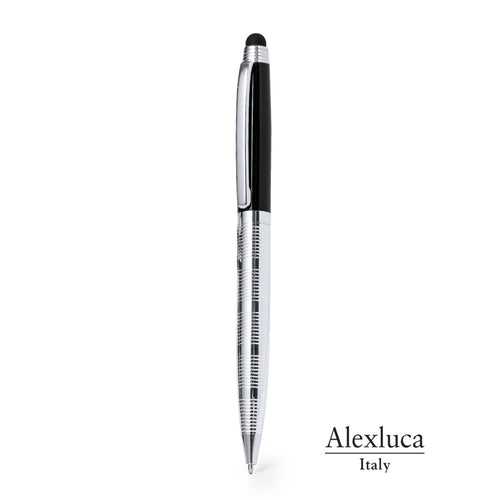 Stylo pointeur Alexluca avec mécanisme pivotant et corps métallique lisse, dans une élégante combinaison de couleurs argent et noir - Lantey Personnalise