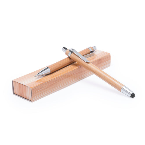 Set Da Scrittura Heleon Personalizzato - Set di penna con meccanismo giratorio e portamine in un'originale combinazione di fusto in legno di bambù naturale e accessori con finitura metallica argento lucido