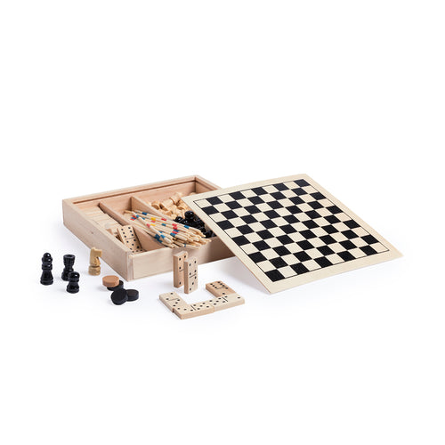 Sets aus verschiedenen Holzspielen: Mikado, Schach, Dame und Domino - Xigral Personalisiert