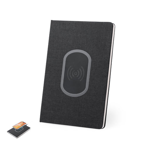 Notizblock aus robustem 300D Polyester mit schlichtem Design und integriertem, kabellosem Ladegerät - Kevant Personalisiert