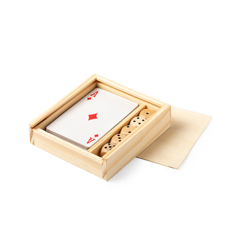 Brettspiel-Set mit französischen Karten und 4 Holzwürfeln, präsentiert in einer individuellen Holzkiste mit Schiebedeckel - Pelkat Personalisiert