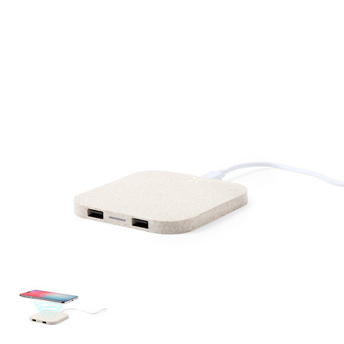 Chargeur sans fil éco-fiendly, en paille de blé avec hub 2 ports 2 - Riens Personnalise