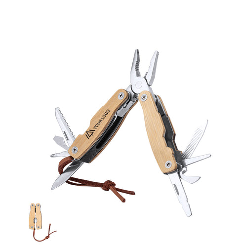 Multitool mit robustem Edelstahlgehäuse und Bambusgriff, mit 12 Funktionen - Folnax Personalisiert