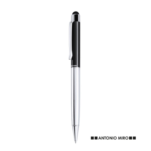 Stylo à bille Antonio Miró avec mécanisme rotatif, corps métallique lisse, élégante combinaison de couleurs argentée et noire - Yago Personnalise