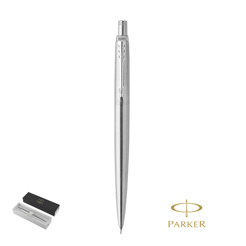 Parker Jotter Core Druckbleistift, ein klassischer Bleistift aus rostfreiem Stahl mit glänzender Zierleiste und dem ikonischen Pfeilclip der Marke Personalisiert