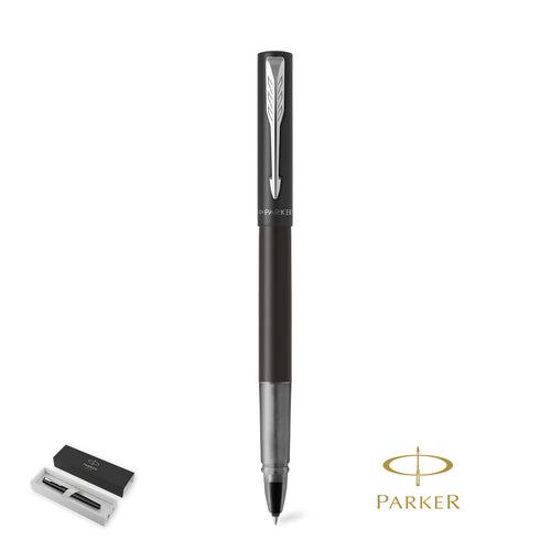 Parker Vector XL Tintenroller aus poliertem Edelstahl, mit verchromten Zierelementen und dem markentypischen Pfeilclip auf der Kappe Personalisiert